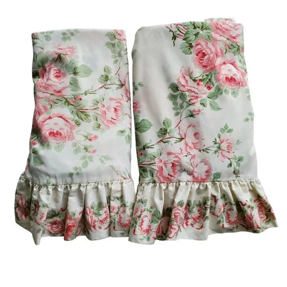 Laura Ashley VTG Set (2) Pink Country Roses Standard Large Ruffle Pillow Shams
